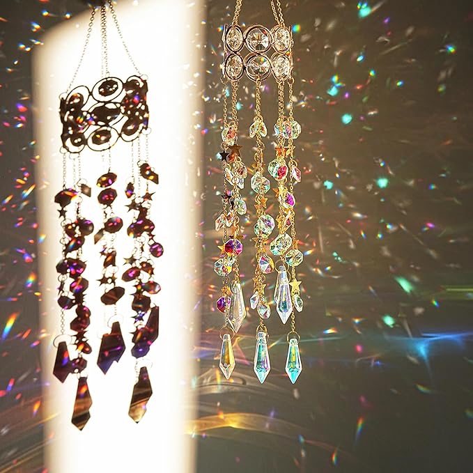 H&D HYALINE & DORA 15.5 Inch Crystal Suncatcher Hanging Window Sun Catcher with Colorful Beads Chain Gold-Plated Rainbow Maker for Indoor Outdoor Garden Christmas Decoration