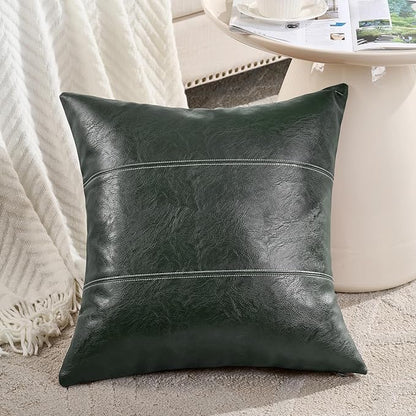 Fancy Homi 2 Packs Olive Green Faux Leather Decorative Throw Pillow Covers 18x18 Inch for Couch Bed Sofa, Modern Farmhouse Boho Home Decor, Dark Green Hand Stitched Accent Square Cushion Case 45x45 cm