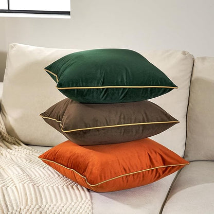 Aeckself Pack of 2 Burnt Orange Velvet Pillow Covers 24 x 24 Inch, Large Modern Luxury Decorative Pillowcase with Gold Trim Edge, Comfortable Soft Solid Cushion Case for Couch Bedroom Living Room