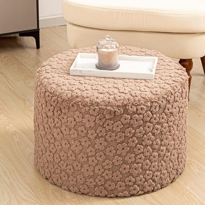 Round Plush Stuffed Ottoman Pouf - Ultra-Soft Furry Ottoman Foot Rest with High-Density Foam Filling, 20" x 14" Multi-Functional Floor Pouf for Living Room