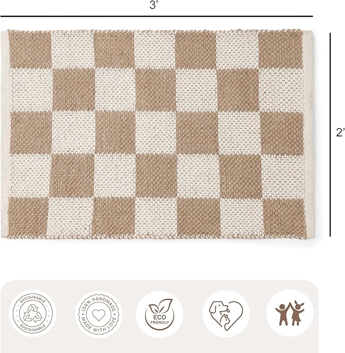 REDEARTH · Jute Cotton Area Rug, Sustainable Handwoven, Non-Shedding, Soft & Durable – Reversible, Neutral Tones for Home Décor in Living Room, Dining, Bedroom (Gridstone Natural, 2'x3'), Set of 2
