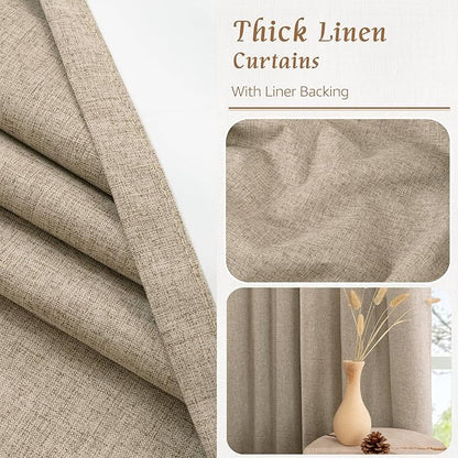 LAMIT 100% Blackout Natural Linen Curtains, 63 Inches Linen Textured Thermal Bedroom Curtains Back Tab and Rod Pocket Neutral Panels with White Liner for Farmhouse, 2 Panels, 52 x 63 Inch, Taupe