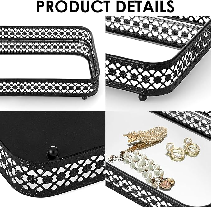 ELLDOO Black Perfume & Makeup Vanity Tray - Hollow-Carved Jewelry Storage, Glass & Metal Trinket Organizer for Dresser & Bathroom Countertop, Medium Size