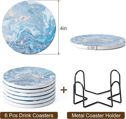 Hoewina 6Pcs Drink Coasters with Holder, Marble Style Ceramic Drink Coaster, Absorbent Coasters Set Suitable for Kinds of Cups, Modern Style Coaster for Coffee Table, 4 Inches（Style 9）