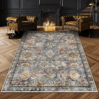 RUGSURE Washable Area Rugs - Perfect for Living Room, Bedroom, Kids Room, Nursery - Stain & Water Resistant Non-Slip, Pet & Child Friendly, Vintage Tribal Area Rugs (Turmeric and Grey, 9' x 12')