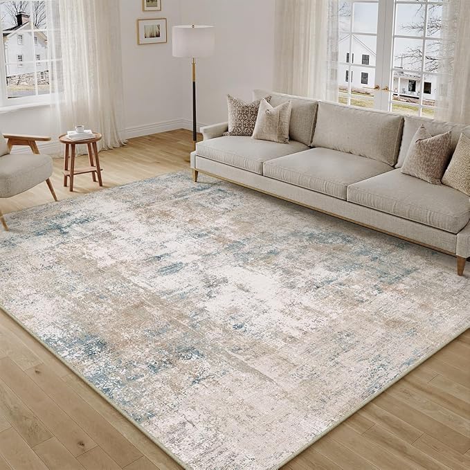 8x10 Washable Area Rug Beige Blue Abstract Living Room Bedroom Carpet Neutral Modern Non Slip Soft Low Pile Large Throw Rug for Dining Room Kitchen Office