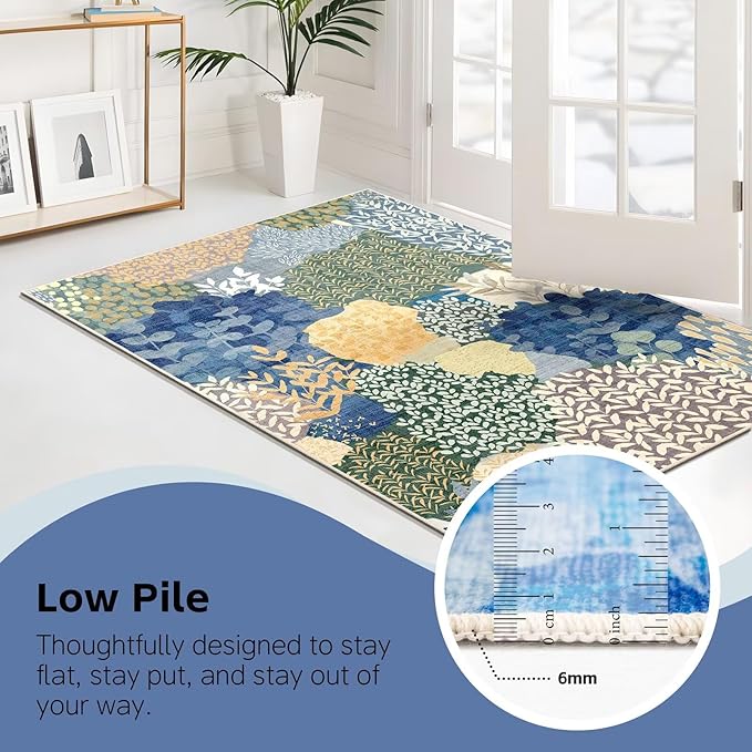 DEXDE 2x3 Area Rug, Small Boho Rugs Entryway Doormat Indoor Machine Washable Non-Slip Abstract Botanical Leaves Floral Print Floor Carpet for Living Room, Bedroom, Office, Kids Playroom,Blue