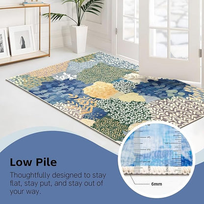 DEXDE 2x3 Area Rug, Small Boho Rugs Entryway Doormat Indoor Machine Washable Non-Slip Abstract Botanical Leaves Floral Print Floor Carpet for Living Room, Bedroom, Office, Kids Playroom,Blue