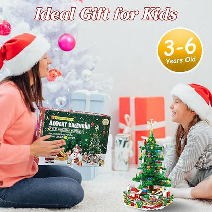 701 Pcs Christmas Tree Building Toy: 24-Day Advent Calendar, 30 LED Warm Lights (USB), Santa Ornaments & Snowflake Topper - Educational Blocks for Kids 3-6, Tabletop Decor