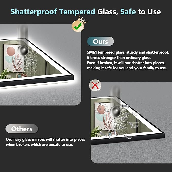 40x36 Black Framed LED Bathroom Mirror with Lights, Backlit + Front Lit, Anti-Fog Lighted Vanity Mirror for Bathroom Wall with 3 Colors, Dimmable, Memory, Tempered Glass, Horizontal/Vertical