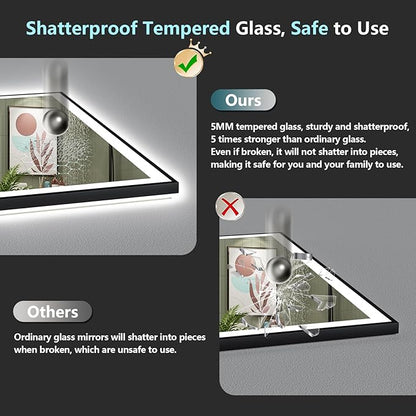 40x36 Black Framed LED Bathroom Mirror with Lights, Backlit + Front Lit, Anti-Fog Lighted Vanity Mirror for Bathroom Wall with 3 Colors, Dimmable, Memory, Tempered Glass, Horizontal/Vertical