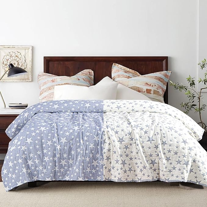 NTBAY 3 Layers Cotton Muslin 106x92 King Bed Blanket, Super Soft Breathable Thermal Yarn Dyed Quilt for Adults, Perfect Lightweight Blanket for Couch Sofa Bed All Seasons, Blue Stars