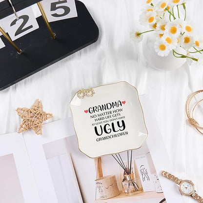 Grandma Gifts Jewelry Dish Ring Tray, Grandmother Birthday Gifts for Grandma Christmas Valentines Mother's Day Gift from Grandkids-No Matter How Hard Life...You Don't Have Ugly Grandchildren