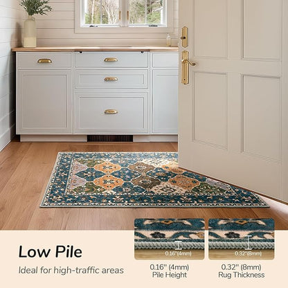 Lessymo Washable Hallway Runner Rug 2x6, Moroccan Faux Wool Runner Rugs Non Slip for Kitchen Entryway Laundry Room Bedroom, Low Pile Multicolor Oriental Rug, Kid & Pet Friendly, Olive Green and Gold