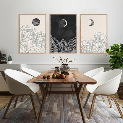 HLNIUC Black and White Abstract Wall Art Set of 3, Large Boho Framed Canvas Decor(24x36), Modern Celestial Sun Moon Painting, Geometric Line Mountain Art Print for Living Room, Bedroom, Office