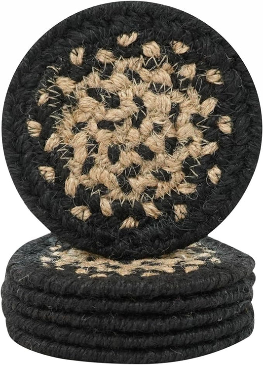 Homespice Manchester Jute Braided Rope Coasters 4", Country Primitive Decor, Set of 6, Black and Tan - Durable, Absorbs Moisture, Easy to Clean and Protects Furniture
