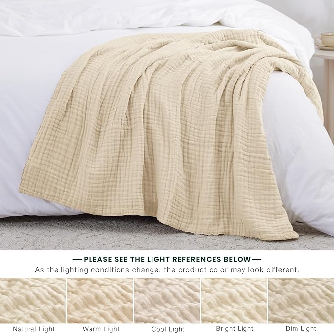 Love's cabin 6 Layer 100% Cotton Muslin Blanket, 60"x80" Twin Muslin Blanket for Couch Bed, Lightweight and Breathable Cotton Gauze for Adult, Beige