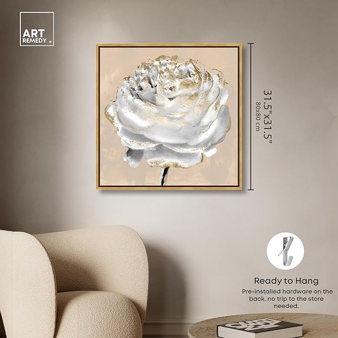 Art Remedy Beige Ranunculus Canvas Elegant White Gold Wall Art, Gold Frame, 30" x 30"