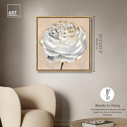 Art Remedy Beige Ranunculus Canvas Elegant White Gold Wall Art, Gold Frame, 30" x 30"