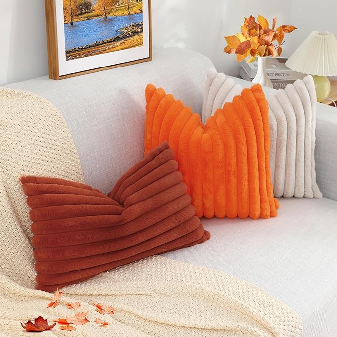 decorUhome Faux Fur Spring Throw Pillow Covers 22x22 Set of 2, Decorative Soft Plush Striped Neutral Couch Euro Sham Pillow Covers with Velvet Back for Sofa, Bed, Living Room Home, Rust