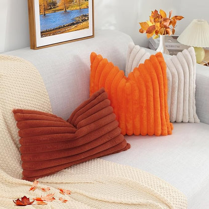 decorUhome Faux Fur Spring Throw Pillow Covers 12x20 Set of 2, Decorative Soft Plush Striped Lumbar Neutral Couch Pillow Covers with Velvet Back for Sofa, Bed, Living Room Home, Rust