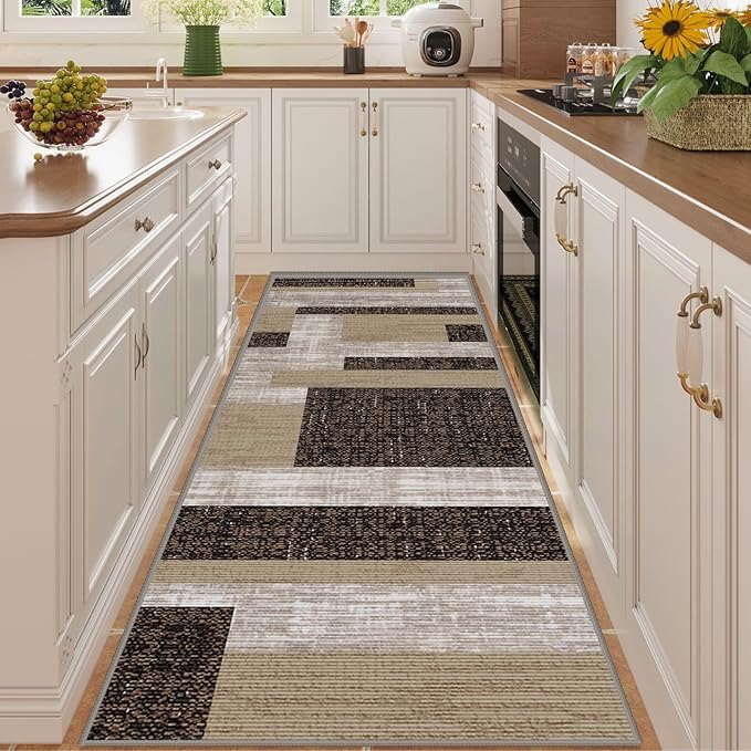 Modern Geometric Patchwork Long Hallway Rug Runners, 3.3x10ft, Neutral Brown Geometry Aesthetic Entrance Carpet, Absorbent Washable Foldable No Crease High Traffic Mat for Laundryroom