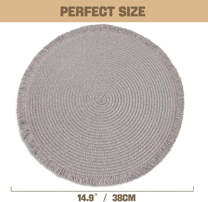 15 Inch Set of 6 Round Braided Woven Placemats Wipeable Paper Heat Resistant Table Mats with Fringe Tassel Boho Indoor Outdoor Table Placemats for Dining Tables (Grey)