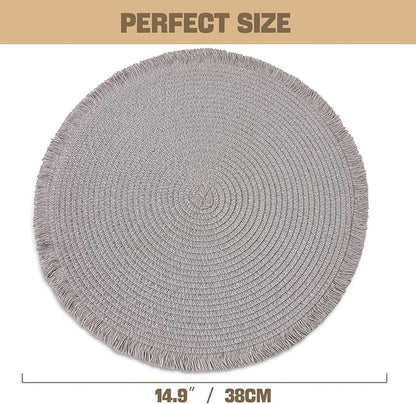 15 Inch Set of 6 Round Braided Woven Placemats Wipeable Paper Heat Resistant Table Mats with Fringe Tassel Boho Indoor Outdoor Table Placemats for Dining Tables (Grey)
