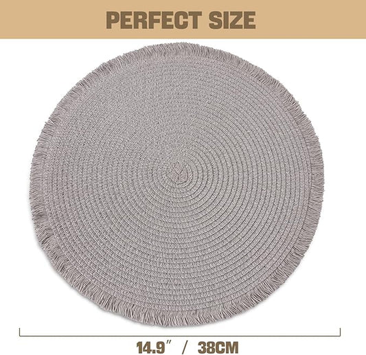 15 Inch Set of 6 Round Braided Woven Placemats Wipeable Paper Heat Resistant Table Mats with Fringe Tassel Boho Indoor Outdoor Table Placemats for Dining Tables (Grey)