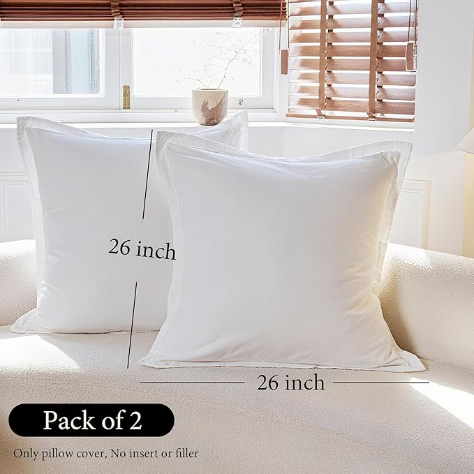 Simple&Opulence Linen Euro Sham Covers Set of 2, 26x26 Decorative Cotton Flax Blend Throw Pillow Cover Farmhouse Pillow Shams for Chair Couch Sofa Bedroom Living Room Home Decor, White