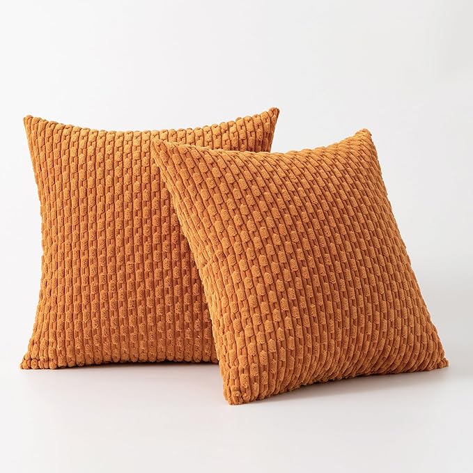 Kevin Textile Fall Throw Pillow Covers Soft Corduroy Decorative Set of 2 Boho Striped Pillow Covers Pillowcases Farmhouse Home Decor for Couch Bed Sofa Living Room 22x22 Inch Orange Yellow