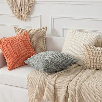 Kevin Textile Throw Pillow Covers Soft Corduroy Decorative Set of 2 Boho Striped Pillow Covers Pillowcases Farmhouse Home Decor for Couch Bed Sofa Living Room 26x26 Inch Beige