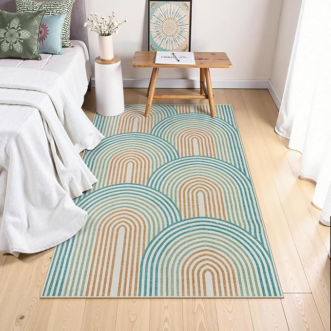 Moynesa Abstract Rainbow Washable 4x6 Rug, Ultra-Thin Soft Boho Area Rug for Playroom Bedroom Non Slip, Mid Century Modern Colored Orange Green Indoor Carpet for Living Room Office Kitchen
