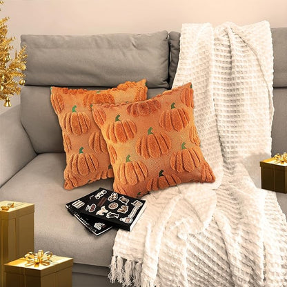 Fall Pumpkin Decorative Throw Pillow Covers 24x24 Set of 2 Pillow Covers, Faux Fur Square Pillow Cover Fluffy Plush Accent Throw Pillow Case, Throw Pillow Cover Cushion Cover for Autumn