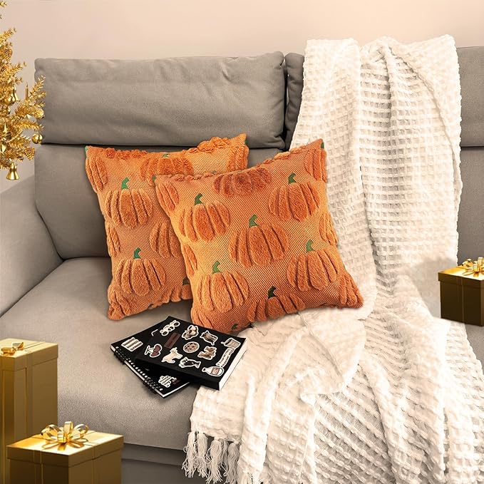 Fall Pumpkin Decorative Throw Pillow Covers 16x16 Set of 2 Pillow Covers, Faux Fur Square Pillow Cover Fluffy Plush Accent Throw Pillow Case, Throw Pillow Cover Cushion Cover for Autumn