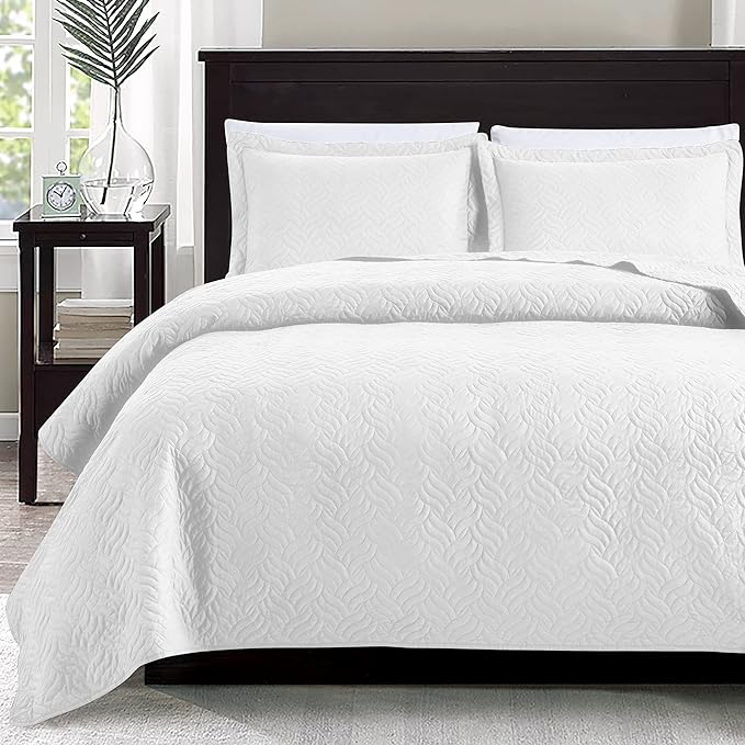 Love's cabin Twin Quilt Set White Bedspreads - Soft Bed Summer Lightweight Bedspread Comforter - Modern Style Wave Pattern Coverlet for All Season - 2 Pieces (1 Quilt, 1 Pillow Sham)