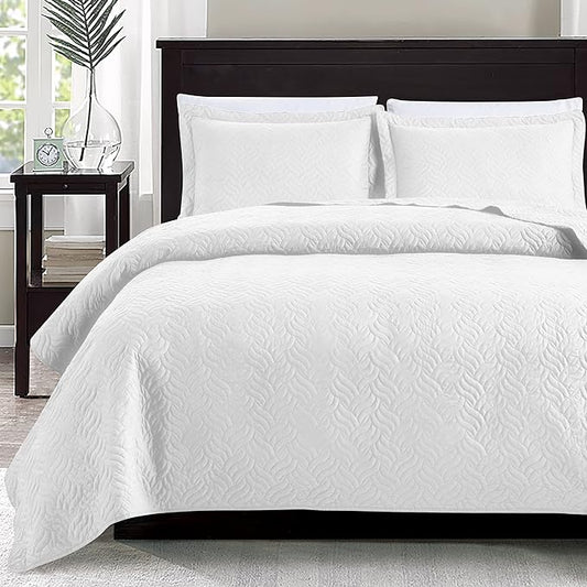 Love's cabin Twin Quilt Set White Bedspreads - Soft Bed Summer Lightweight Bedspread Comforter - Modern Style Wave Pattern Coverlet for All Season - 2 Pieces (1 Quilt, 1 Pillow Sham)