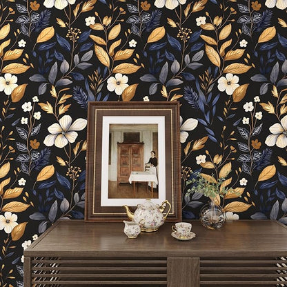 Blue/Gold Leaf Wallpaper Peel and Stick Vintage Dark Floral Wallpaper Waterproof Self Adhesive Removable Boho Wall Paper Modern for Bedroom Walls Drawer Cabinet 17.5in x118in
