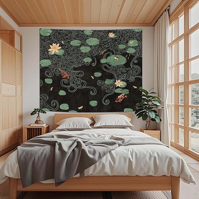 Lifeella Japanese Tapestry, Koi Pond Tapestry, Abstract Lotus Lily Wall Hanging, Zen Nature Aesthetic Art Wall Decor for Bedroom Living Room Dorm, Black 36x48 inches