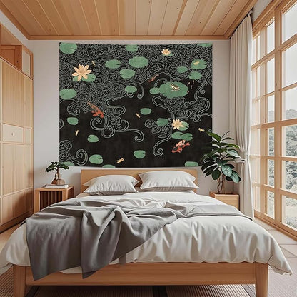 Lifeella Japanese Tapestry, Koi Pond Tapestry, Abstract Lotus Lily Wall Hanging, Zen Nature Aesthetic Art Wall Decor for Bedroom Living Room Dorm, Black 36x48 inches
