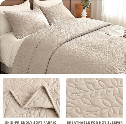 Sanracie Oversized King Quilt Bedspreads 128"*120", 100% Cotton Linen Colored Cal King Quilt Bedding Set Leaves Quilting Extra Wide Large Lightweight 3Pcs Coverlet King Size for All Season