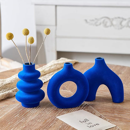Ceramic Navy Blue Vase Set of 3, Small Flower Vases for Pampas Grass, Modern Boho Vase for Decor, Flocked Navy Blue Round Vases Centerpieces for Wedding Living Room Bedroom Coffee Table Entryway Table