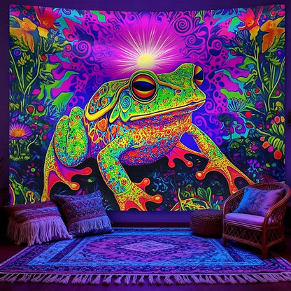 seewan Black Light Frog Tapestry, Glow-in-the-Dark UV Neon Psychedelic Toad with Sunlight Tapestry, Psychedelic Abstract Natural Animal Art Tapestry, Bedroom Dorm Living Room Background Decor