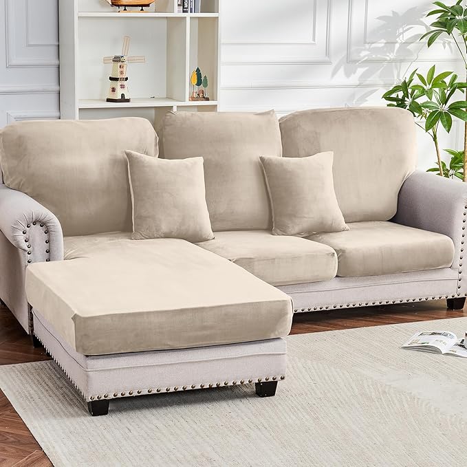 Couch Cover 6-Piece Elastic Velvet Couch Cushion Covers & Chaise Slipcovers for L-Shaped Sofas - Sofa Seat Covers Washable, Soft Protector for Couches (5 Seater + Chaise, Ivory)