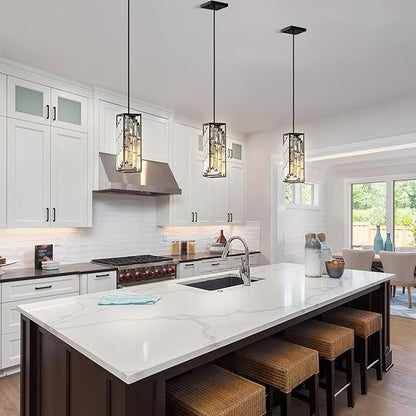Black Pendant Lights Kitchen Island 3 Pack, Mini Crystal Chandeliers, Modern Pendant Lights Ceiling Lighting Fixtures for Kitchen Island, Dinning Room, Bedroom