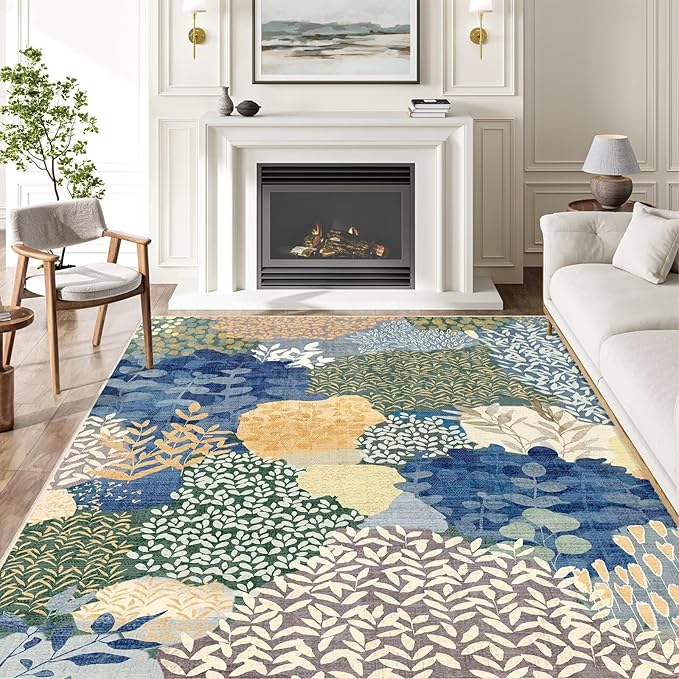 DEXDE Blue Area Rugs 5x7 Tropical Washable Non-Slip Abstract Leaf Floral Boho Soft Rug for Living Room Bedroom Botanical Large Carpet for Entryway, Kids Playroom, Office Decor