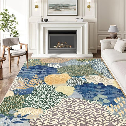DEXDE Blue Area Rugs 5x7 Tropical Washable Non-Slip Abstract Leaf Floral Boho Soft Rug for Living Room Bedroom Botanical Large Carpet for Entryway, Kids Playroom, Office Decor