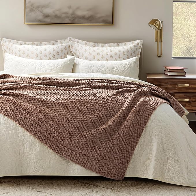 EVERGRACEHOME Chunky Chenille Knit Throw Blanket for Couch, Soft Luxurious Moss Stitch Blankets for Bed, Cozy Decorative Farmhouse Knitted Throws for Sofa, Terracotta Clay, 50" x 60"
