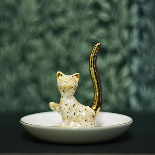 Happy Cat Natural Pattern Glazed Plated Gold Ceramic Elegant Engagement Wedding Rings Trinket Dish