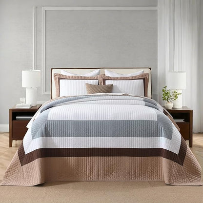 SahSahCasa 100% Cotton 128"x120" Oversized California King Bedspread Coverlet Quilt Set, Cal King Quilted Bedspread Extra Large Reversible XL Bed Spread Lightweight Comforter, Brown/Gray/White